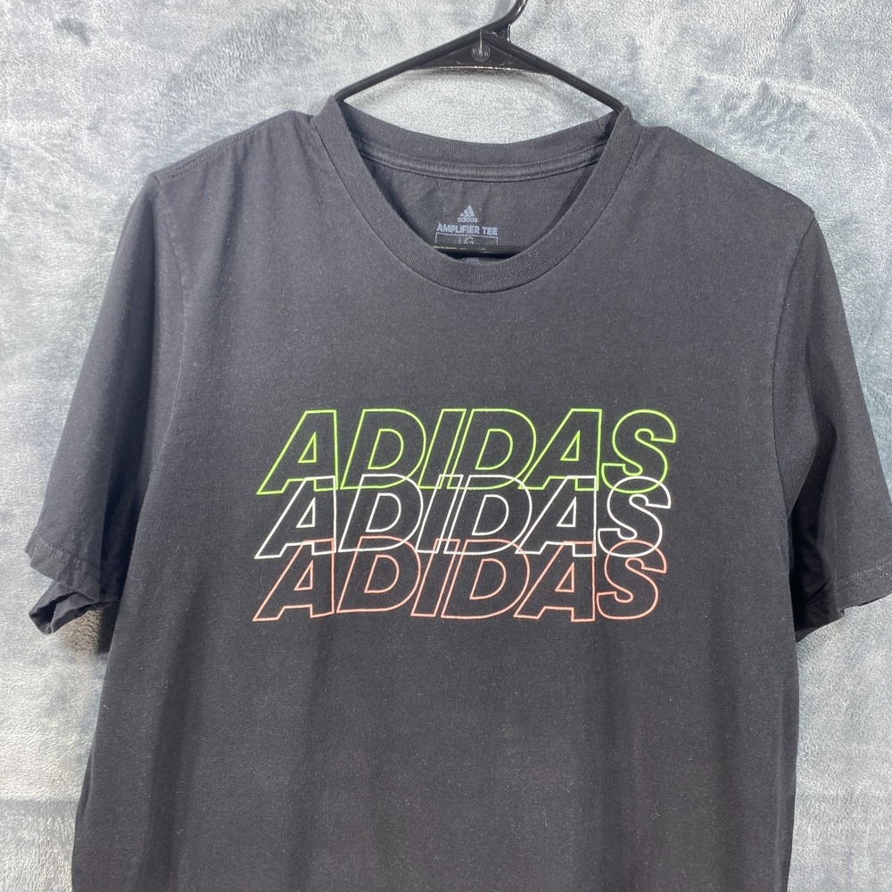Adidas Shirt Mens Large Black Short Sleeve Tee Crew Neck Amplifier Logo Spellout